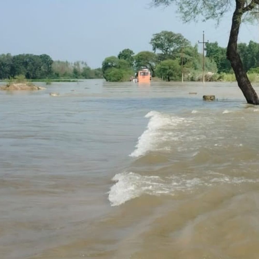 बलरामपुर में बाढ़ के पानी में फंसी बस:रस्सी के सहारे यात्रियों को निकाला, गौरा-तुलसीपुर मार्ग पर करीब एक मीटर पानी