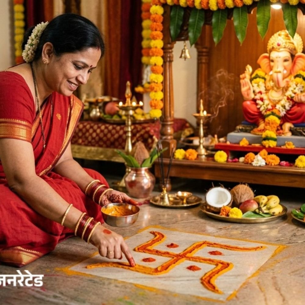 गणेश उत्सव 25 सितंबर तक:पूजा की शुरुआत में भगवान गणपति का प्रतीक स्वास्तिक बनाने की परंपरा, इस निशान से घर में बनी रहती है शुभता