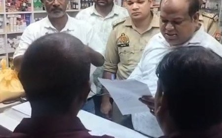 जिला अस्पताल के सामने सात मेडिकल स्टोरों पर छापा:महराजगंज में नशीली दवाओं की बिक्री और बिलिंग में गड़बड़ी की शिकायत पर सैंपल लिए