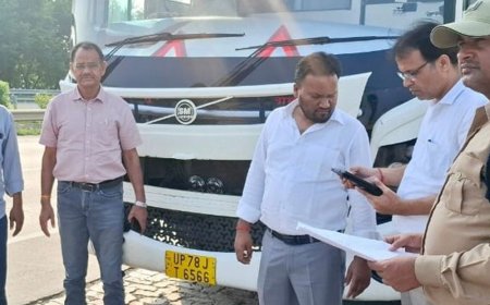 प्रयागराज में 9 बसें सीज, 17 का चालान कटा:मानकों के खिलाफ चल रही थीं, आरटीओ ने 4.5 लाख रुपये जुर्माना वसूला