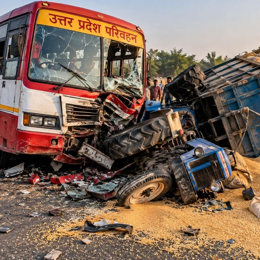 लखनऊ में रोडवेज बस-ट्रॉली की टक्कर, 5 यात्री घायल:ओवरटेक के दौरान हादसा; चालक ने नहीं रोकी बस, यात्रियों के दबाव पर ढाबे के सामने रोका