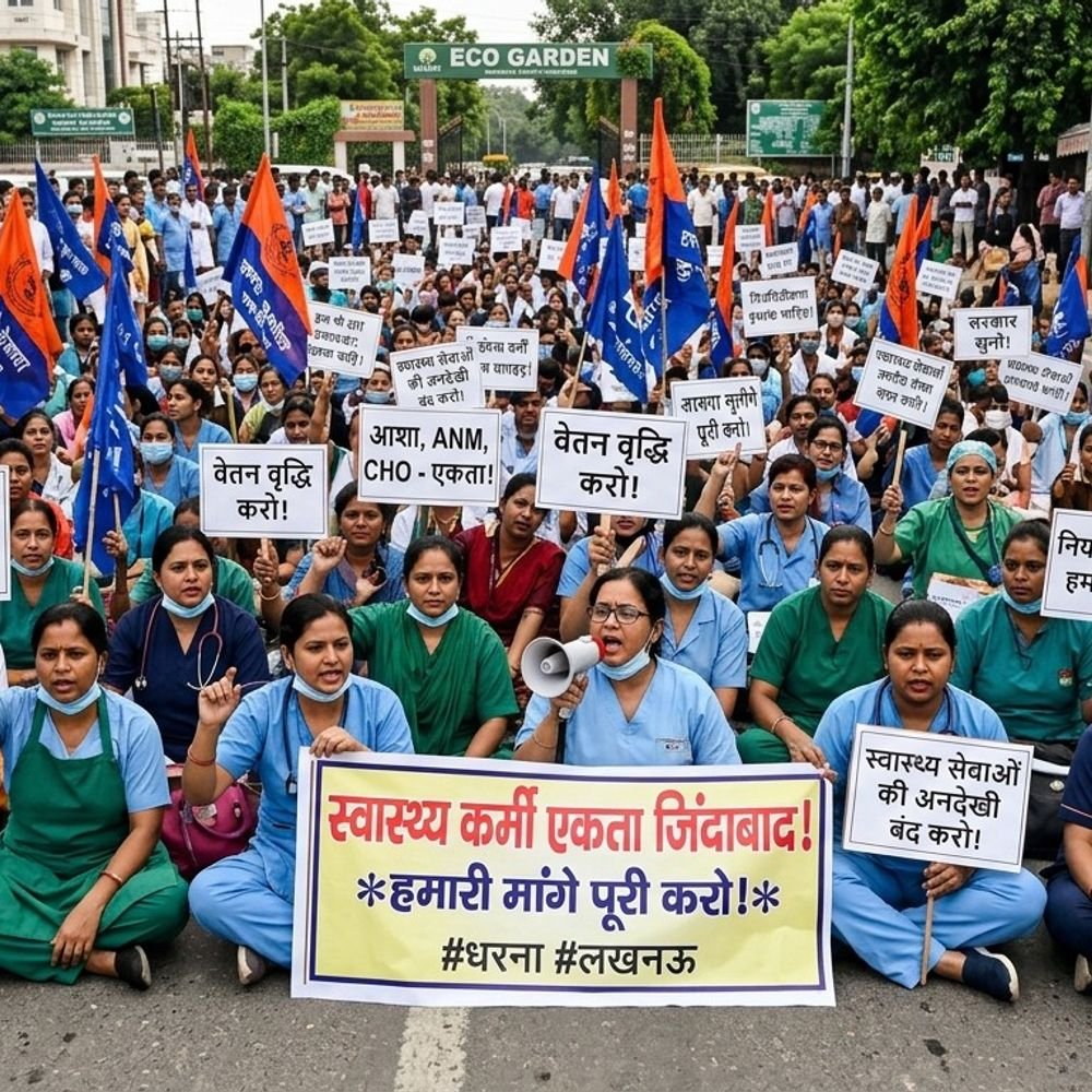 लखनऊ में स्वास्थ्य कर्मियों का धरना:CHO, ANM और आशा कार्यकर्ताओं का प्रदर्शन