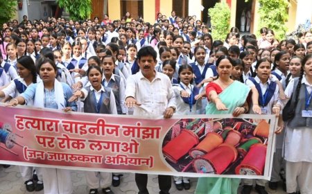 चाइनीज मांझे पर प्रतिबंध की मांग:वाराणसी में जागरूकता अभियान, छात्राओं को मांझे के खतरे बताए