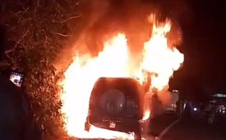 कानपुर में हाईवे पर चलती टाटा सफारी में आग लगी:परिवार के 7 सदस्यों ने कूदकर जान बचाई, कन्नौज से लौट रहे थे