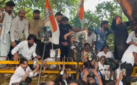 लखनऊ में कांग्रेस का प्रदर्शन, बैरिकेडिंग पर चढ़ीं आराधना मिश्रा, हिरासत में ली गईं