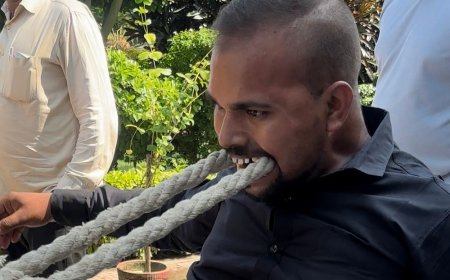 करण भूषण की फॉर्च्यूनर को दांतों से खींचा:गोंडा में रस्सी दांतों में फंसाकर 21 कुंटल की गाड़ी को 10 फीट तक खींचकर दिखाया करतब