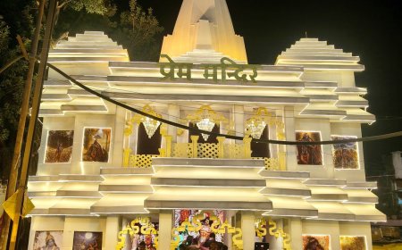 प्रेम मंदिर की शैली में सजा दुर्गा पंडाल:नौसड़ में मां दुर्गा का भव्य पंडाल बना आकर्षण का केंद्र, रोशनी से जगमगा रहा परिसर