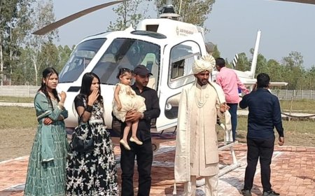 सहारनपुर में 20 किमी दूर ससुराल हेलीकॉप्टर से पहुंचा दूल्हा:हेलीकॉप्टर से बारात ले जाने का सपना था, आसमान से उतरते दूल्हे को देखने उमड़ी भीड़
