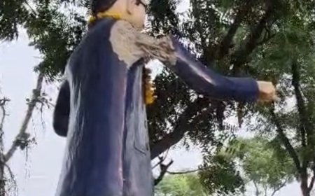 अराजक तत्वों ने क्षतिग्रस्त की डॉ. आंबेडकर की प्रतिमा:गांव में पुलिस तैनात; डॉग स्क्वाड और फॉरेंसिक टीम ने साक्ष्य जुटाए