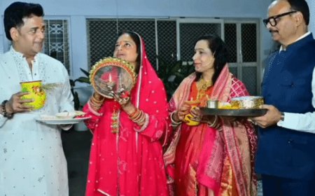 गोरखपुर सांसद ने डिप्टी CM आवास पर मनाई करवा चौथ:रवि किशन ने पत्नी को पानी पीला खोला व्रत, कहा- यह प्रेम और समर्पण का पर्व