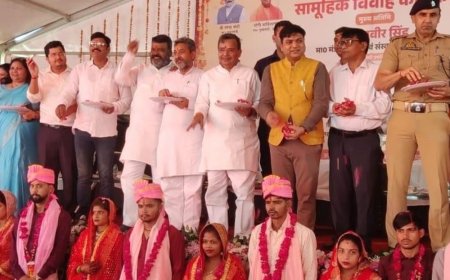 सामूहिक विवाह समारोह में 111 जोड़ों की शादी:93 ने लिए सात फेरे और 18 का निकाह, पर्यटन मंत्री ने दिया आशीर्वाद