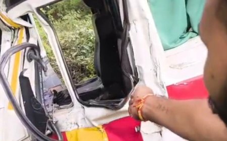 लखीमपुर में हाईवे पर एंबुलेंस-कंटेनर की टक्कर:4 घायल, चालक फरार; पुलिस ने कंटेनर को कब्जे में लिया