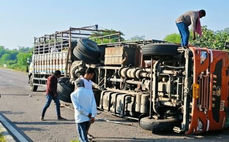 ललितपुर में हाईवे पर फल से भरा ट्रक पलटा:ब्रेक फेल होने से हुआ हादसा, आंध्र प्रदेश से कानपुर जा रहा था ट्रक, अंगूर-खरबूजे सड़क पर फैले